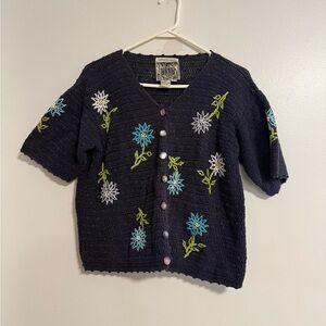 Curio Hand Knitted Women’s Embroidered Cottage Core Floral Button-Up Cardigan